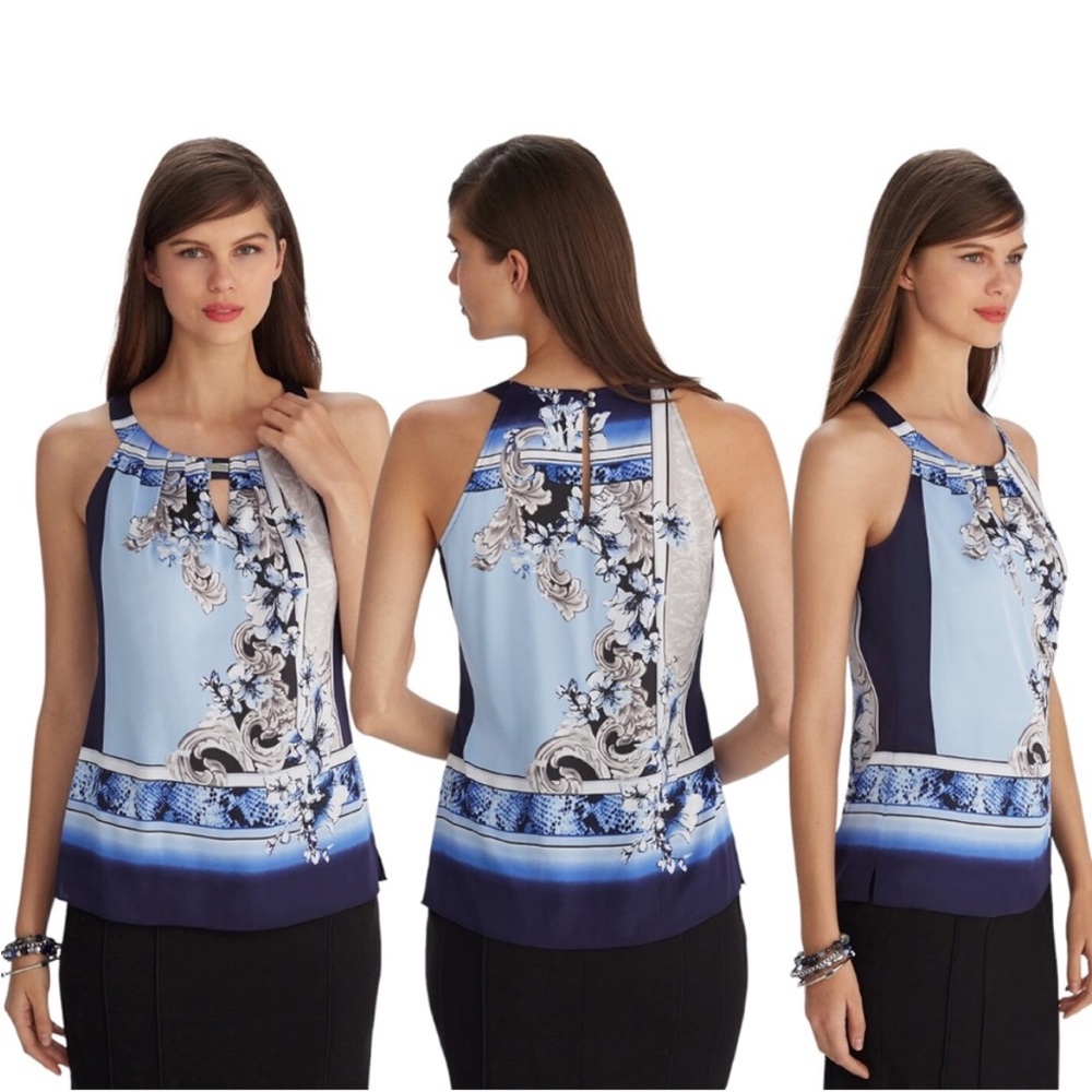 White House Black Market Elated Blue Floral Print Silky Keyhole Shell Top 10